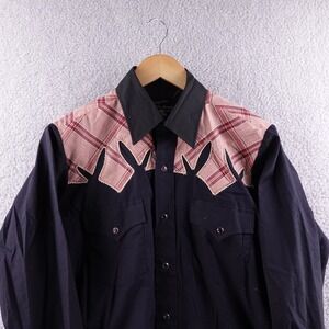 Men's Vintage Western Black and Red Plaid Pearl Button Down Shirt